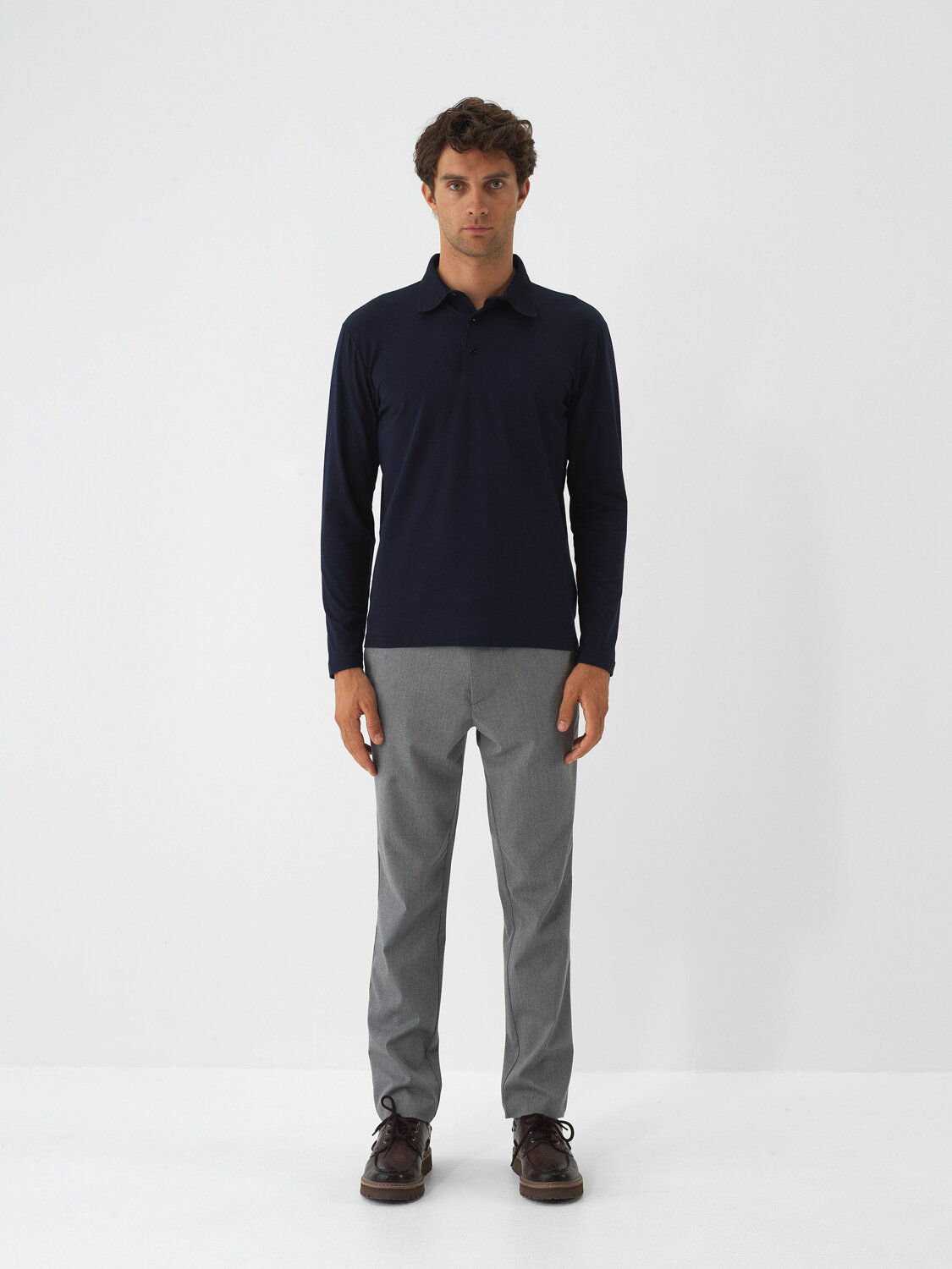 Navy Blue Modal Textured Slim Fit Long Sleeve T-Shirt - Xint