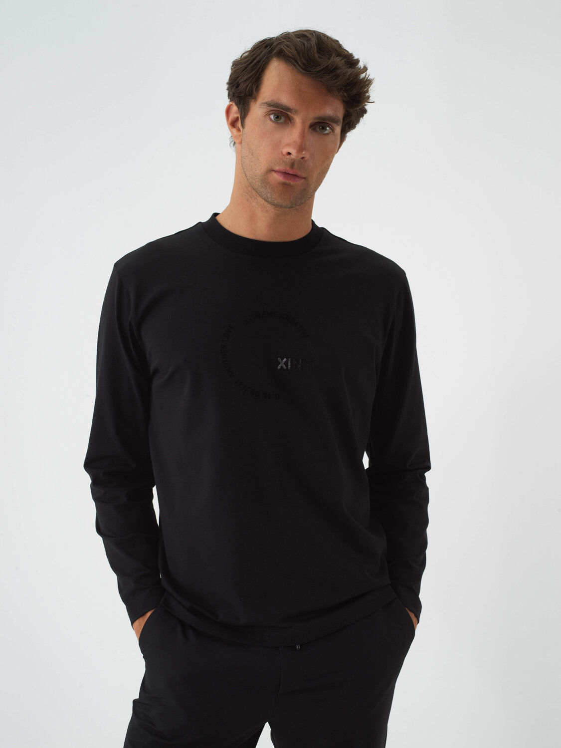 Black Cotton Textured Regular Fit Long Sleeve T-Shirt - Xint
