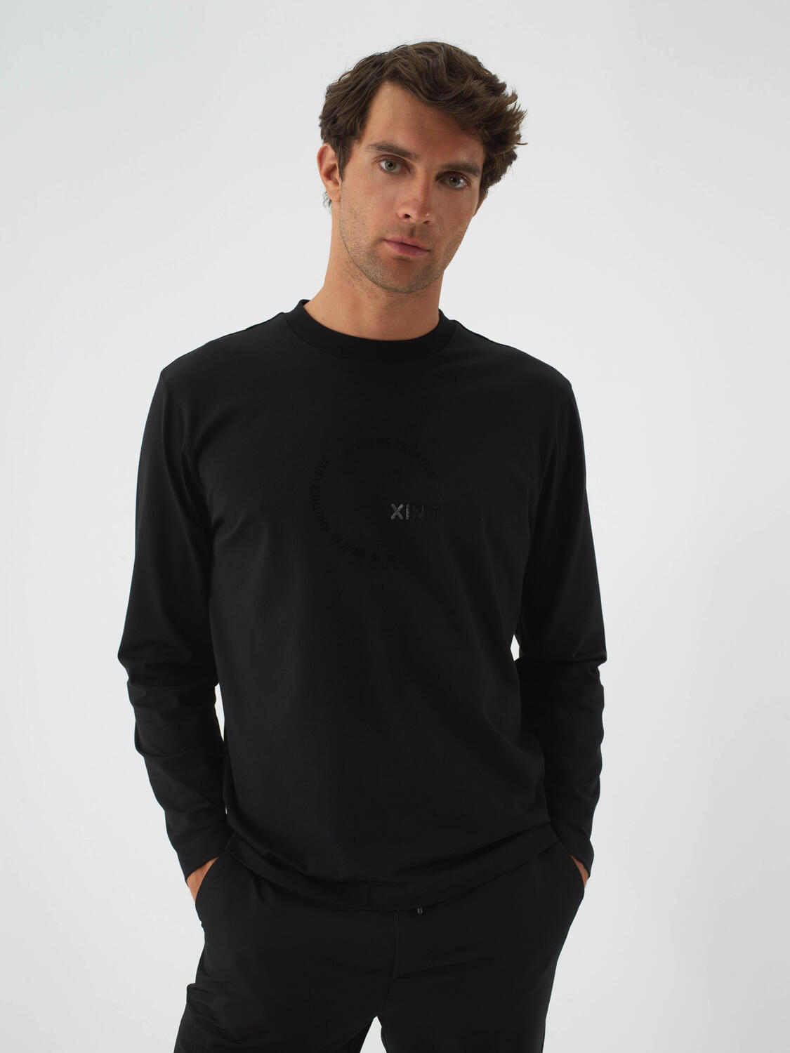 Black Cotton Textured Regular Fit Long Sleeve T-Shirt