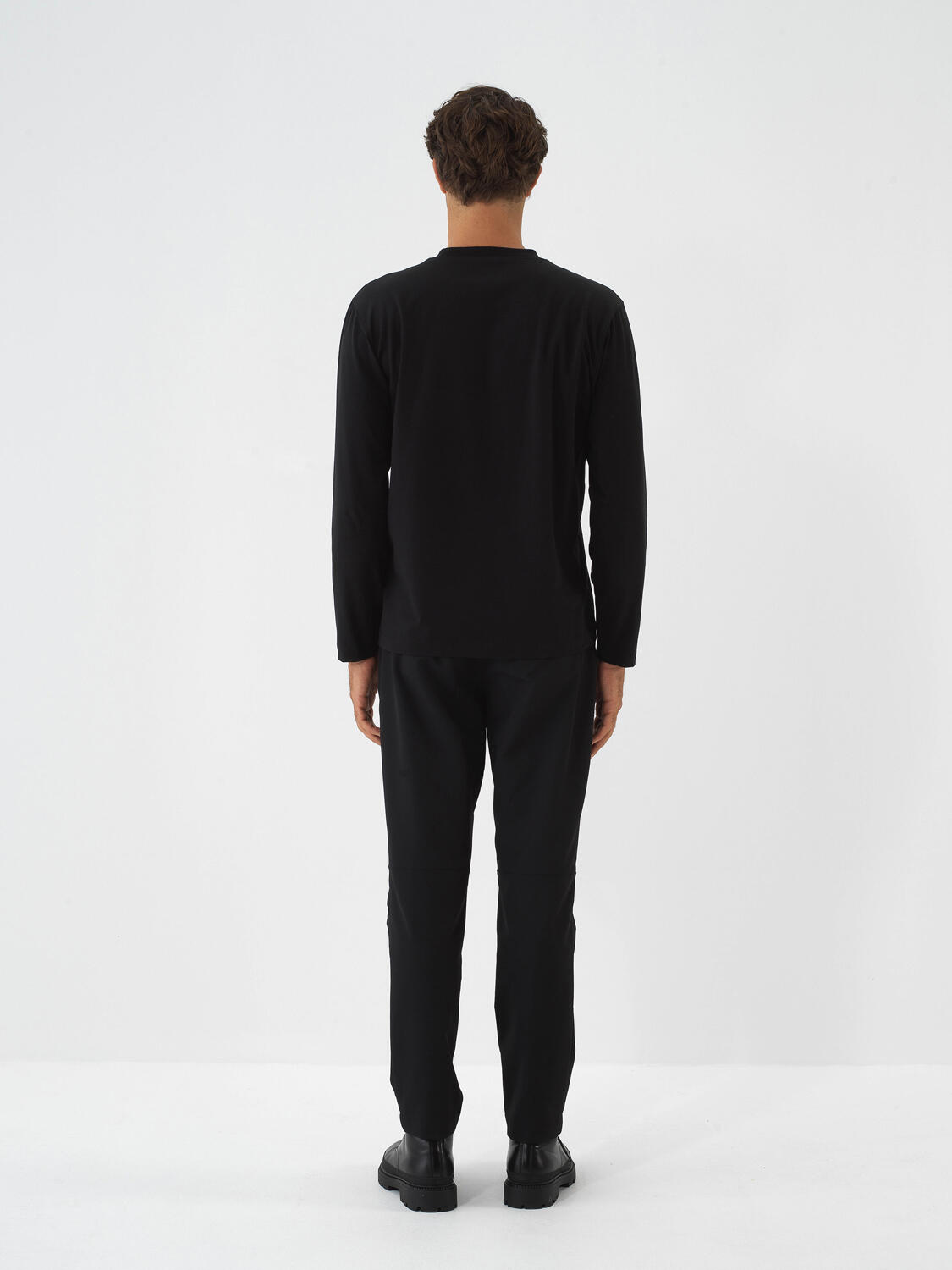 Black Cotton Textured Regular Fit Long Sleeve T-Shirt - 5