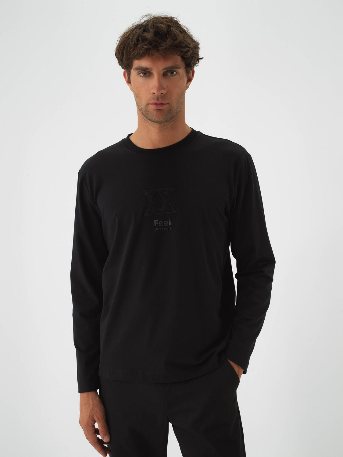 Black Cotton Textured Regular Fit Long Sleeve T-Shirt - 1
