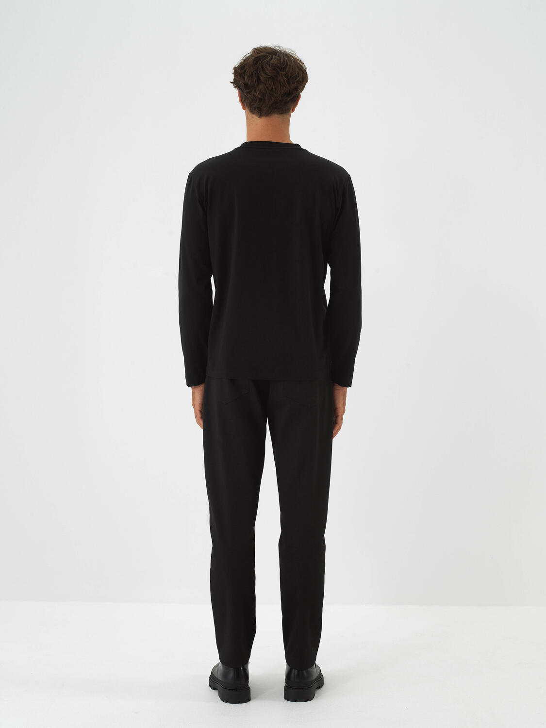 Black Cotton Textured Regular Fit Long Sleeve T-Shirt - 5