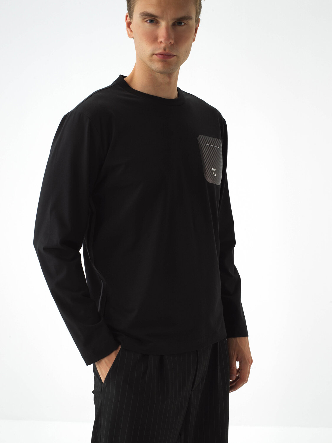 Black Cotton Textured Regular Fit Long Sleeve T-Shirt - Xint