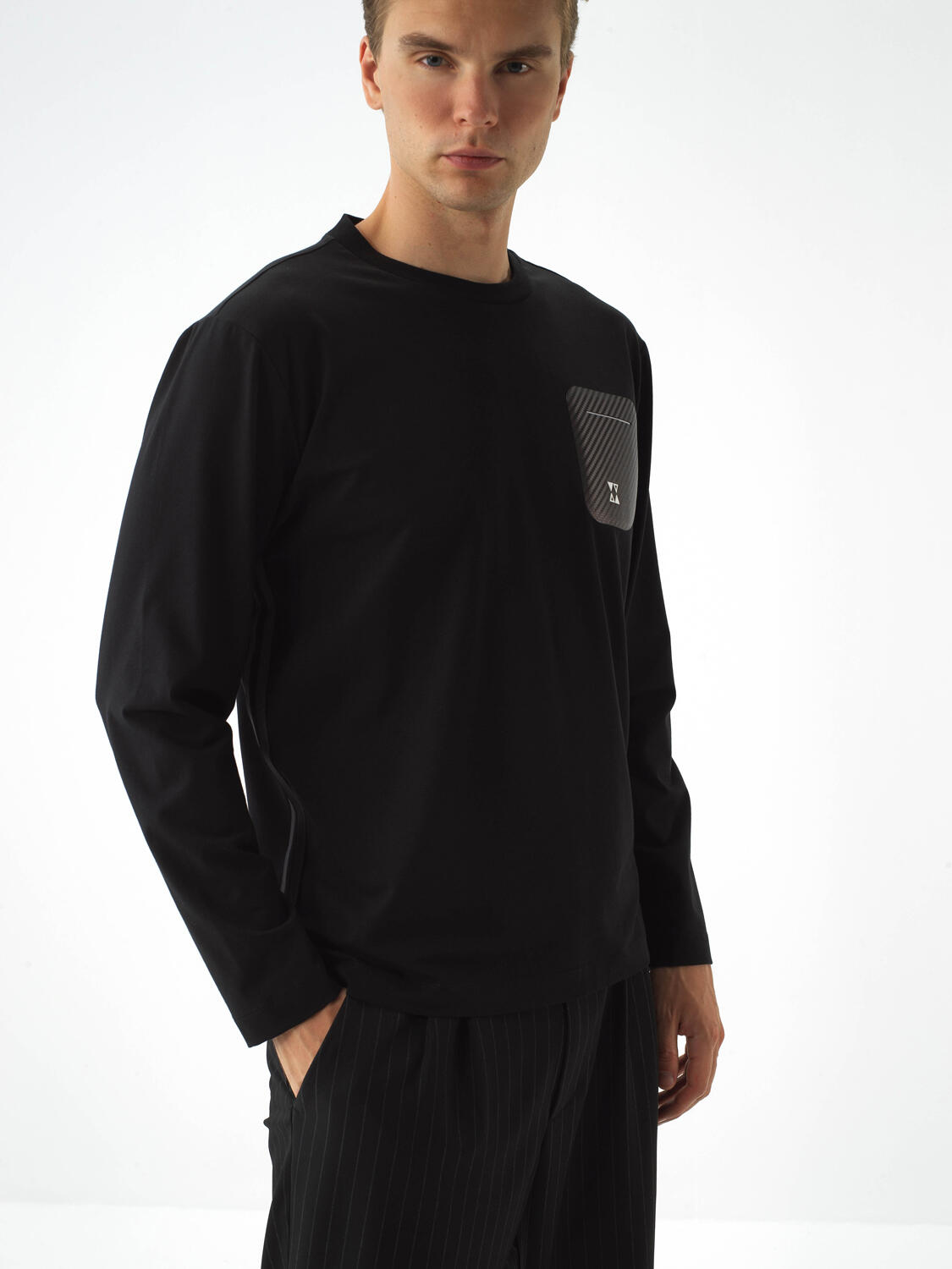 Black Cotton Textured Regular Fit Long Sleeve T-Shirt