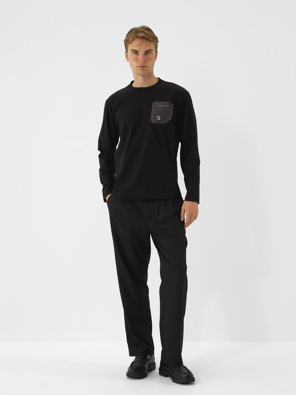 Black Cotton Textured Regular Fit Long Sleeve T-Shirt - 3