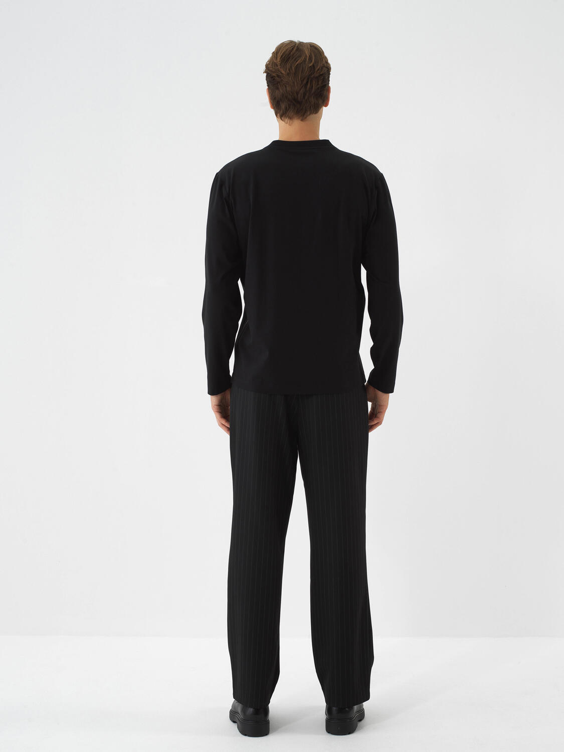 Black Cotton Textured Regular Fit Long Sleeve T-Shirt - 6