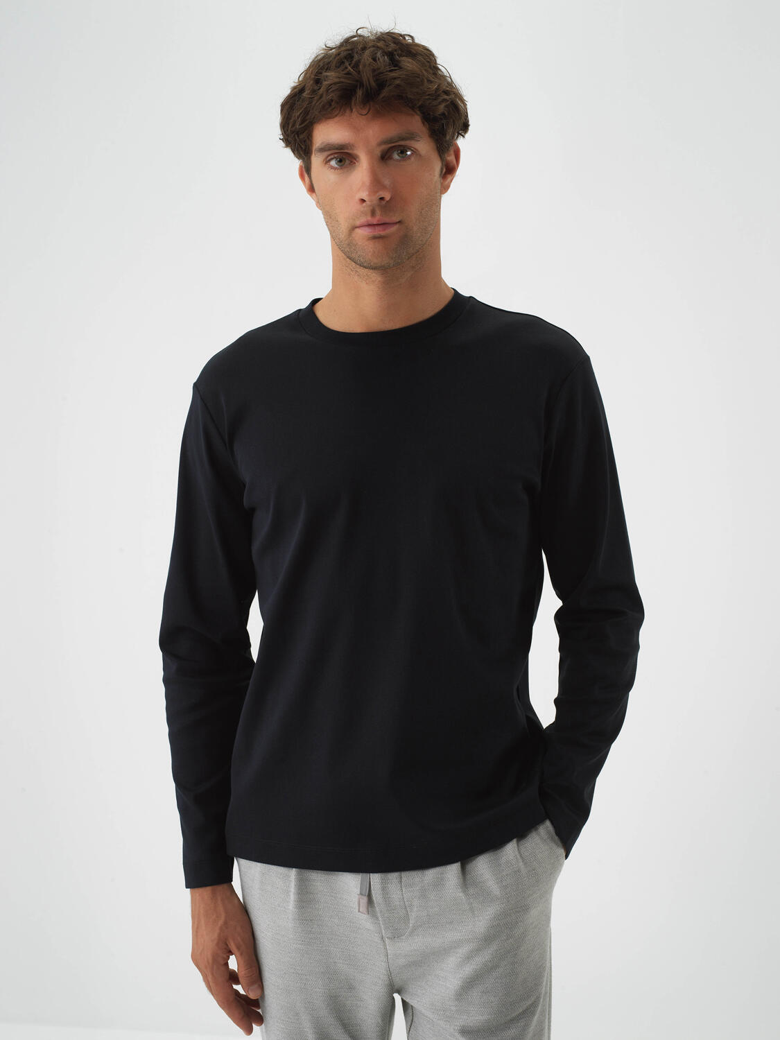 Black Luxury Mercerized Textured Regular Fit Long Sleeve T-Shirt