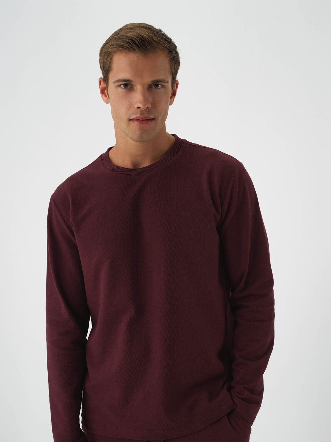 Burgundy Cotton Textured Regular Fit Long Sleeve T-Shirt - Xint