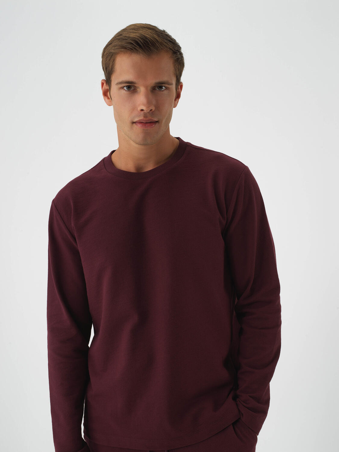 Burgundy Cotton Textured Regular Fit Long Sleeve T-Shirt