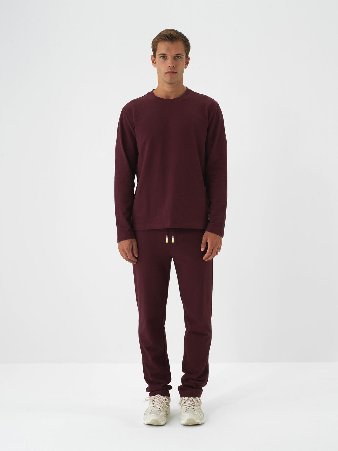 Burgundy Cotton Textured Regular Fit Long Sleeve T-Shirt - 2