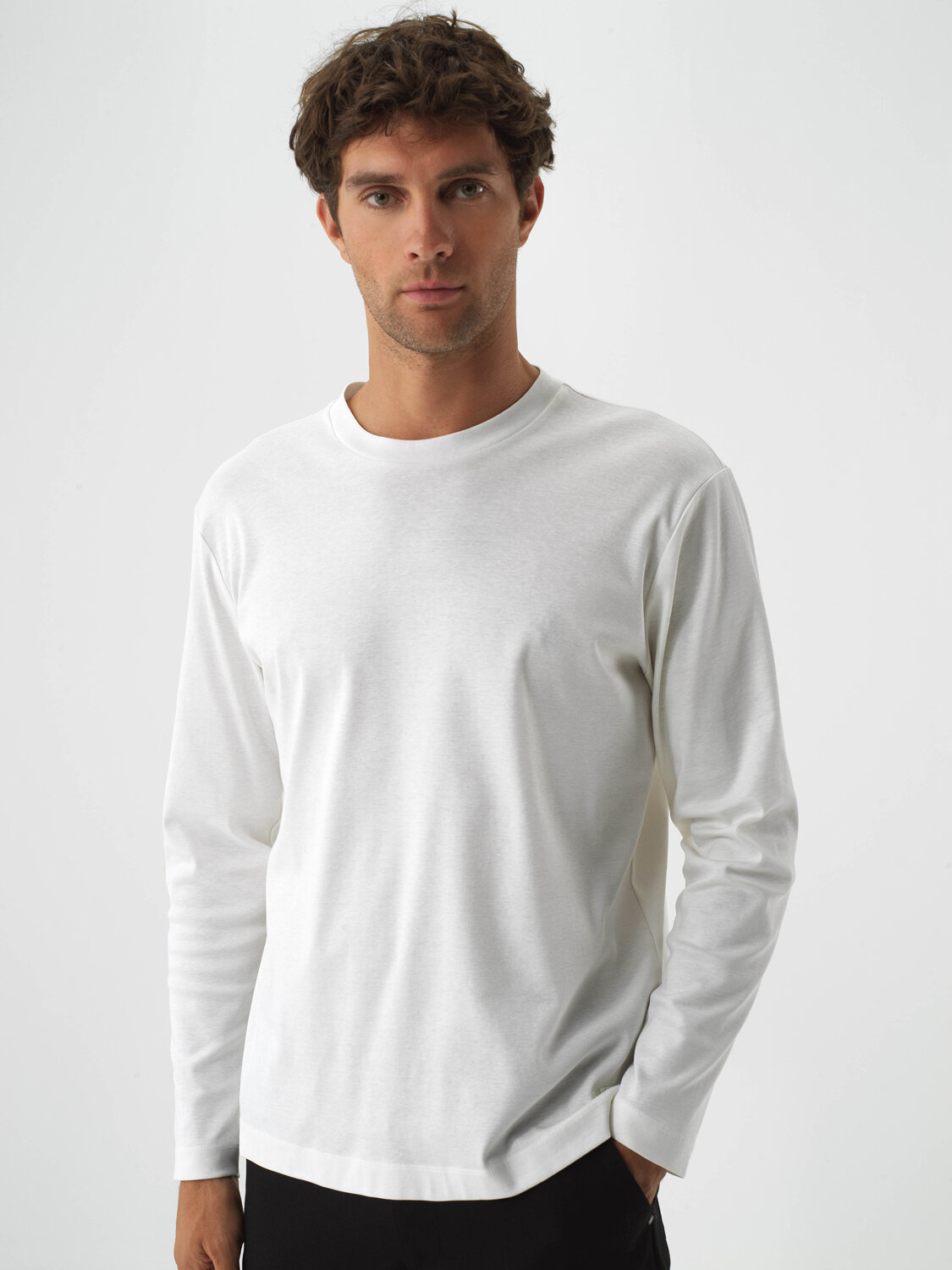 Ecru Luxury Mercerized Textured Regular Fit Long Sleeve T-Shirt - Xint