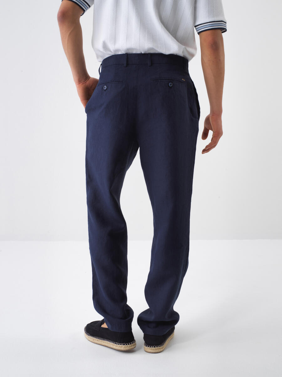 Navy Blue Regular Fit Linen Trousers - 4