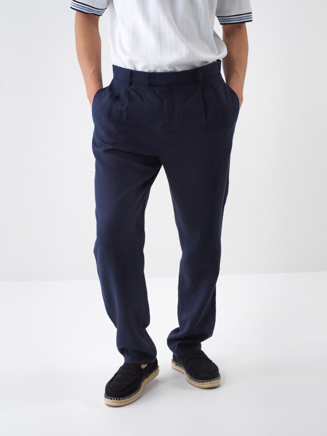 Navy Blue Regular Fit Linen Trousers - 1