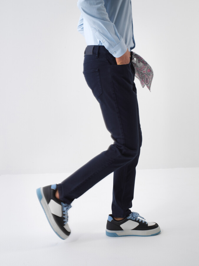 Navy Blue Slim Fit Cotton Trousers - 3