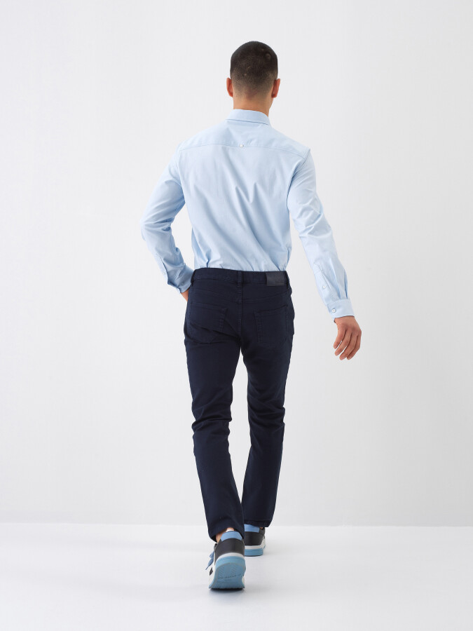 Navy Blue Slim Fit Cotton Trousers - 5