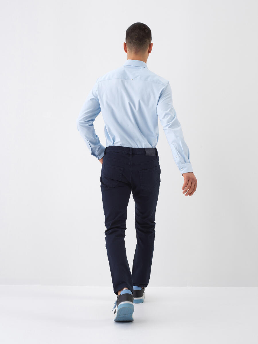 Navy Blue Slim Fit Cotton Trousers - 5
