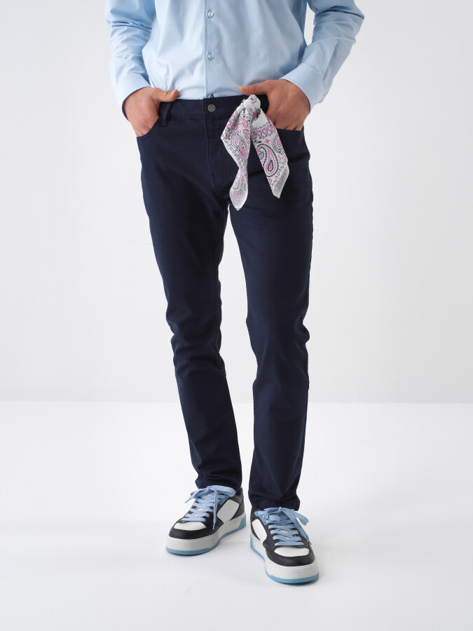 Navy Blue Slim Fit Cotton Trousers