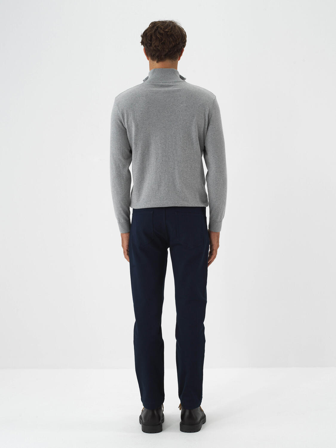 Navy Blue Cotton Textured Slim Fit Trousers - 6