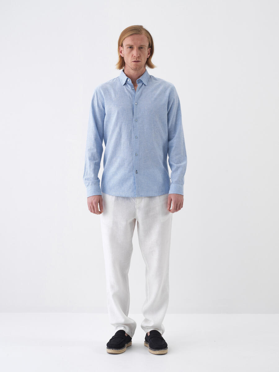 White Regular Fit Linen Trousers - 2