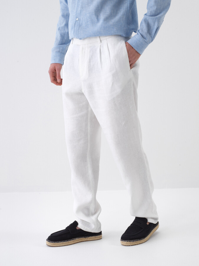 White Regular Fit Linen Trousers - 1