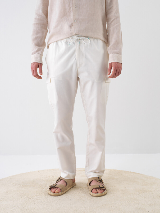 White Regular Fit Linen Trousers