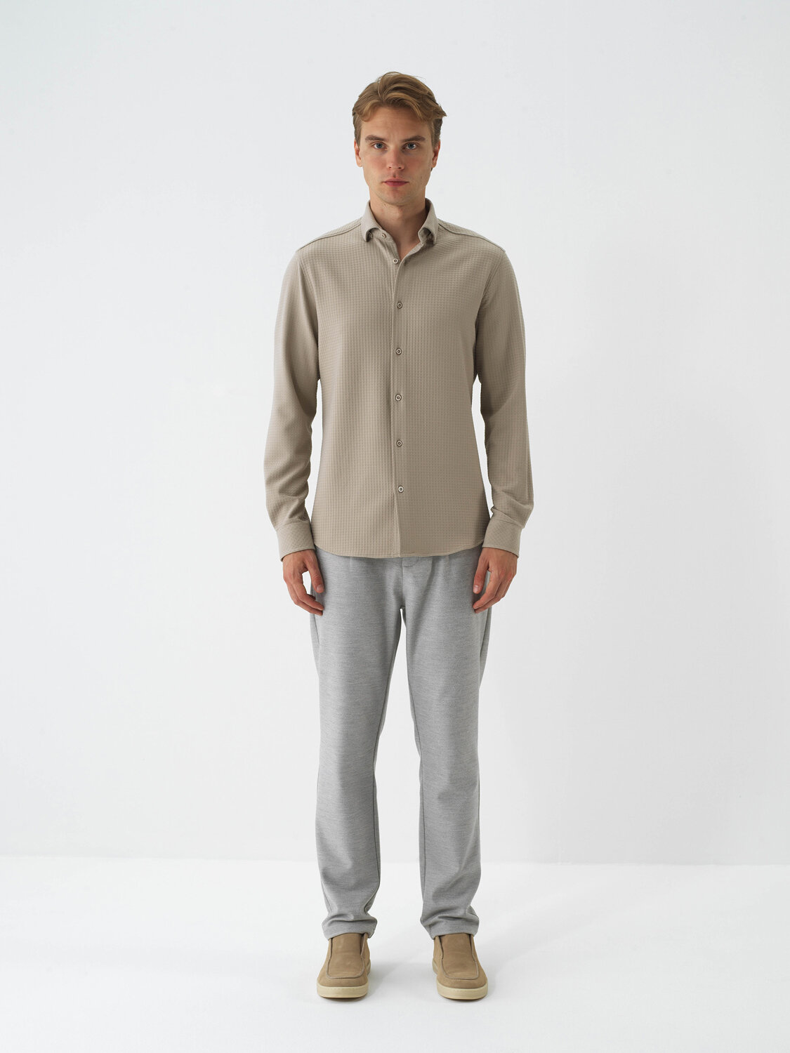 Beige Flexible Textured Regular Fit Shirt - Xint