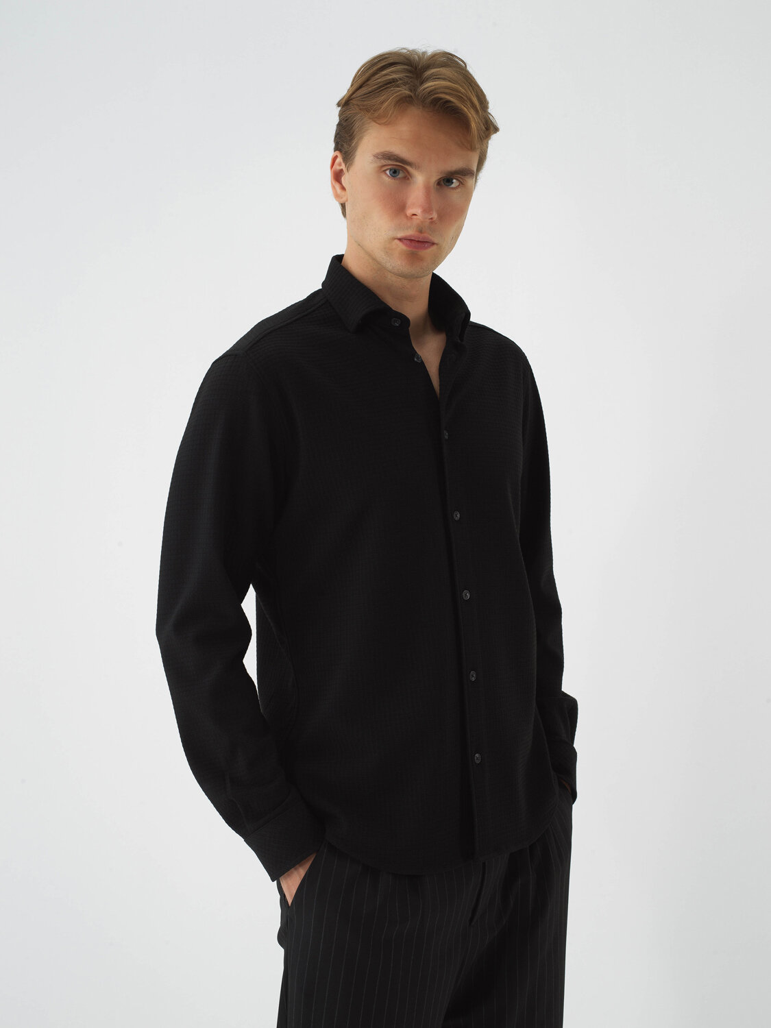 Black Flexible Textured Regular Fit Shirt - Xint