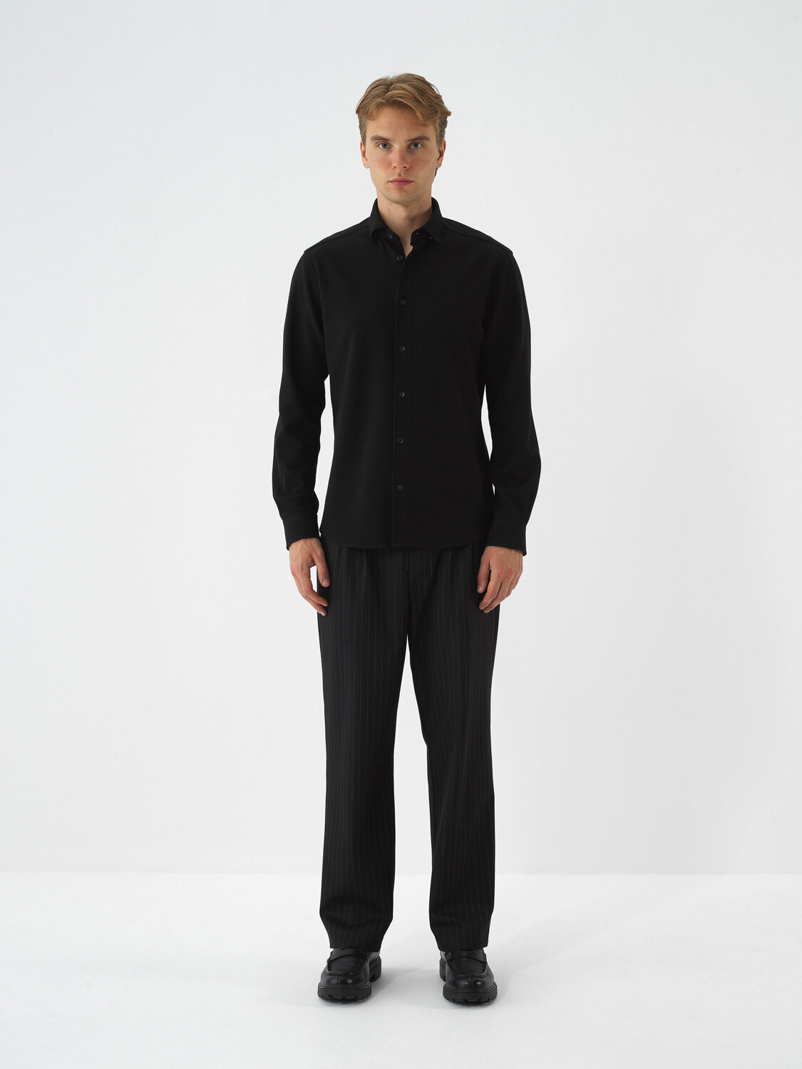 Black Flexible Textured Regular Fit Shirt - Xint