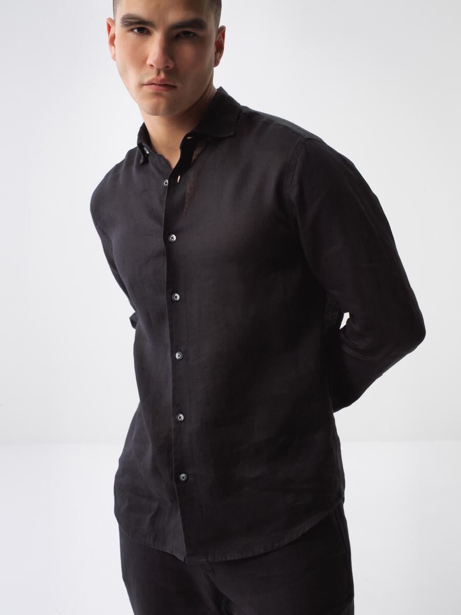 Black Regular Fit Linen Shirt - 1