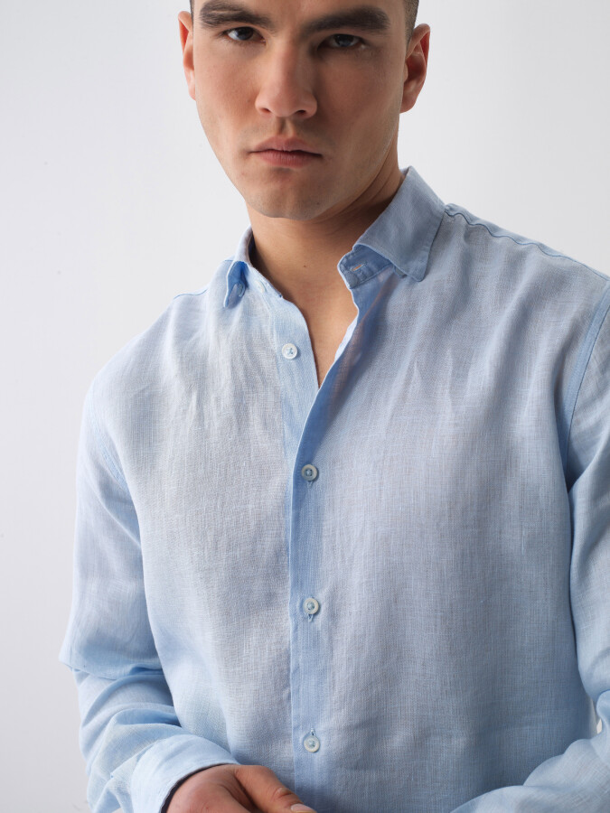 Blue Regular Fit Linen Shirt - 3