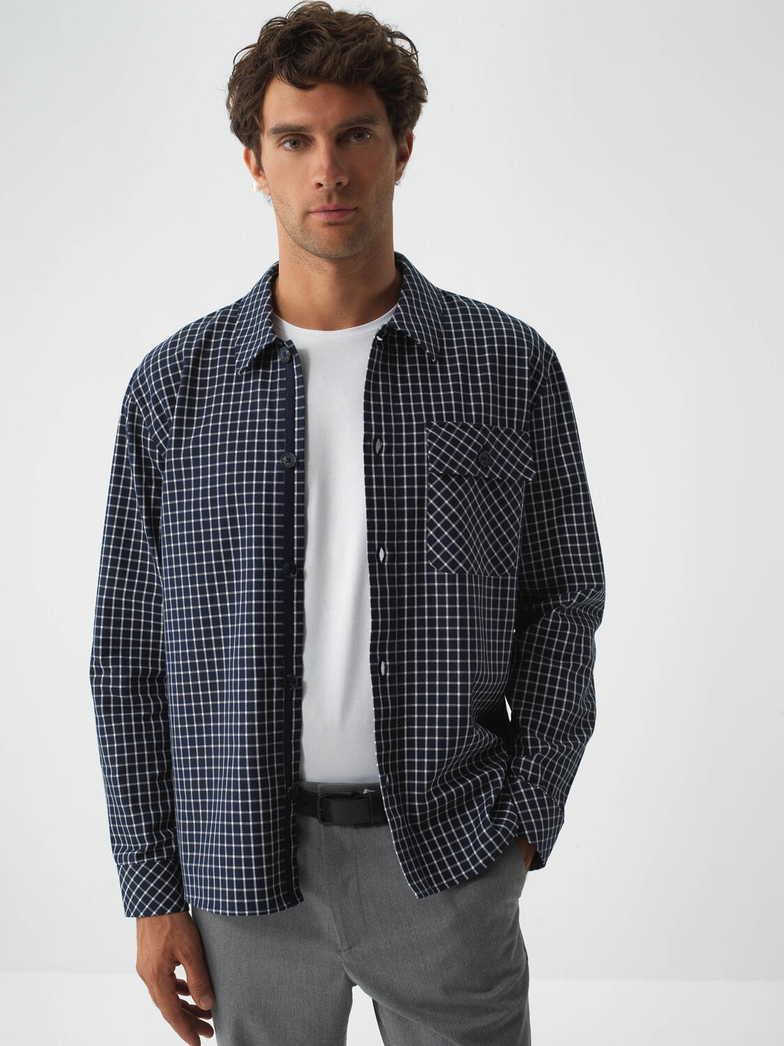 Navy Blue Modern Plaid Regular Fit Shirt Jacket