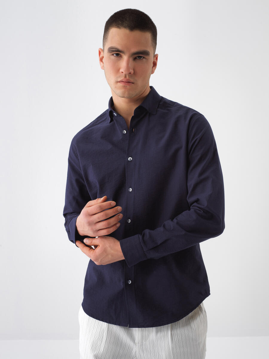 Navy Blue Regular Fit Cotton Shirt - 1