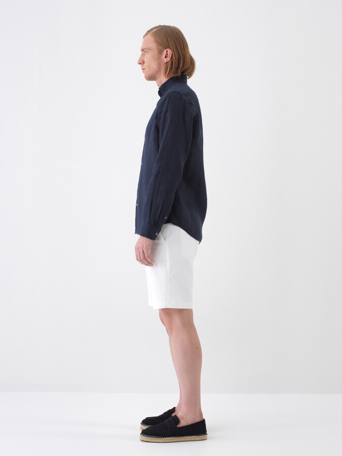 Navy Blue Regular Fit Linen Shirt - 4