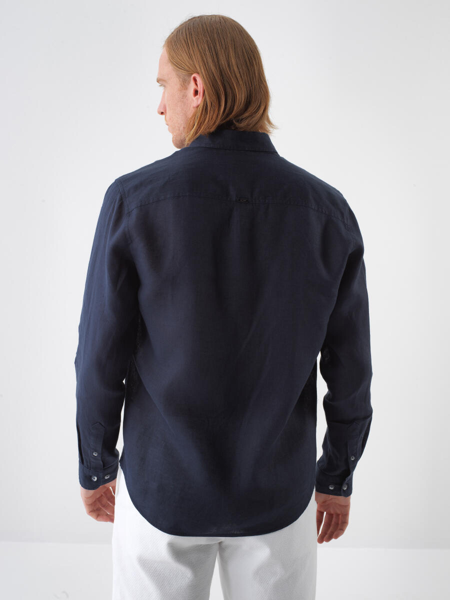 Navy Blue Regular Fit Linen Shirt - 5