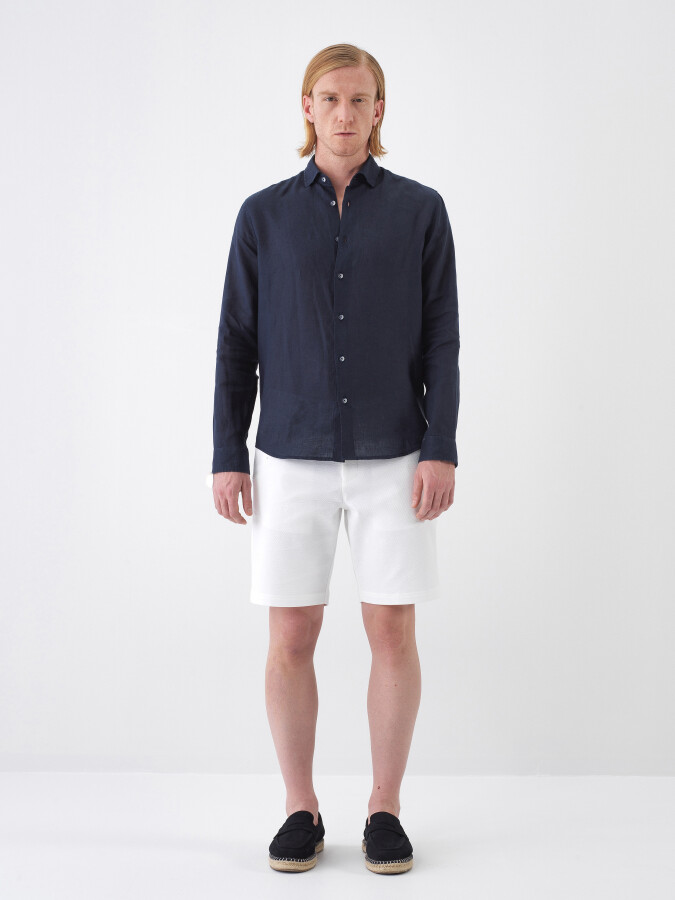 Navy Blue Regular Fit Linen Shirt (1)