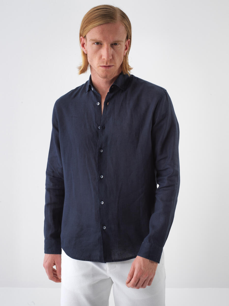 Navy Blue Regular Fit Linen Shirt - 1