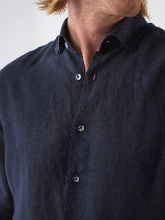 Navy Blue Regular Fit Linen Shirt - 3