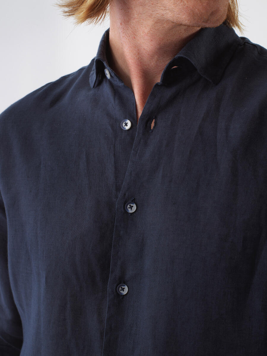 Navy Blue Regular Fit Linen Shirt - 3