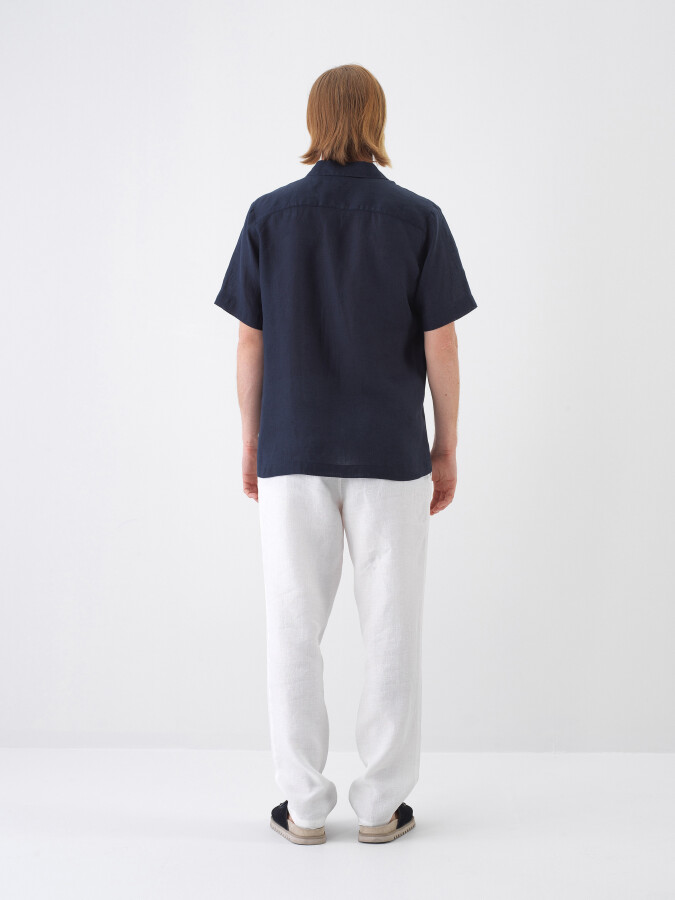 Navy Blue Regular Fit Linen Shirt - 5