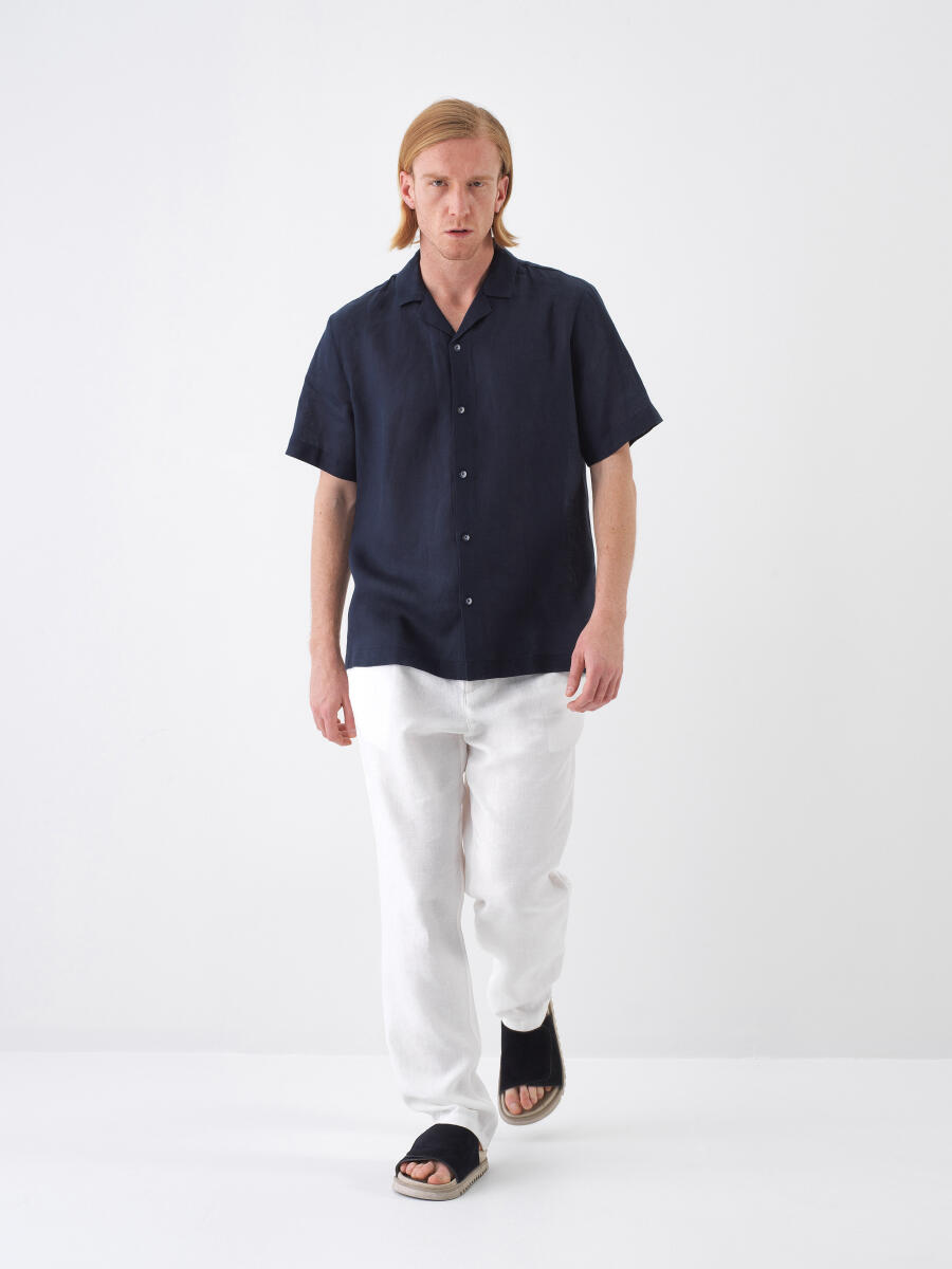 Navy Blue Regular Fit Linen Shirt - 2