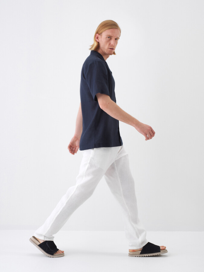 Navy Blue Regular Fit Linen Shirt - 3