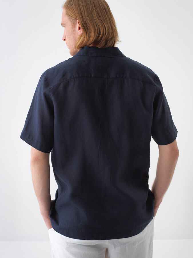 Navy Blue Regular Fit Linen Shirt - 4