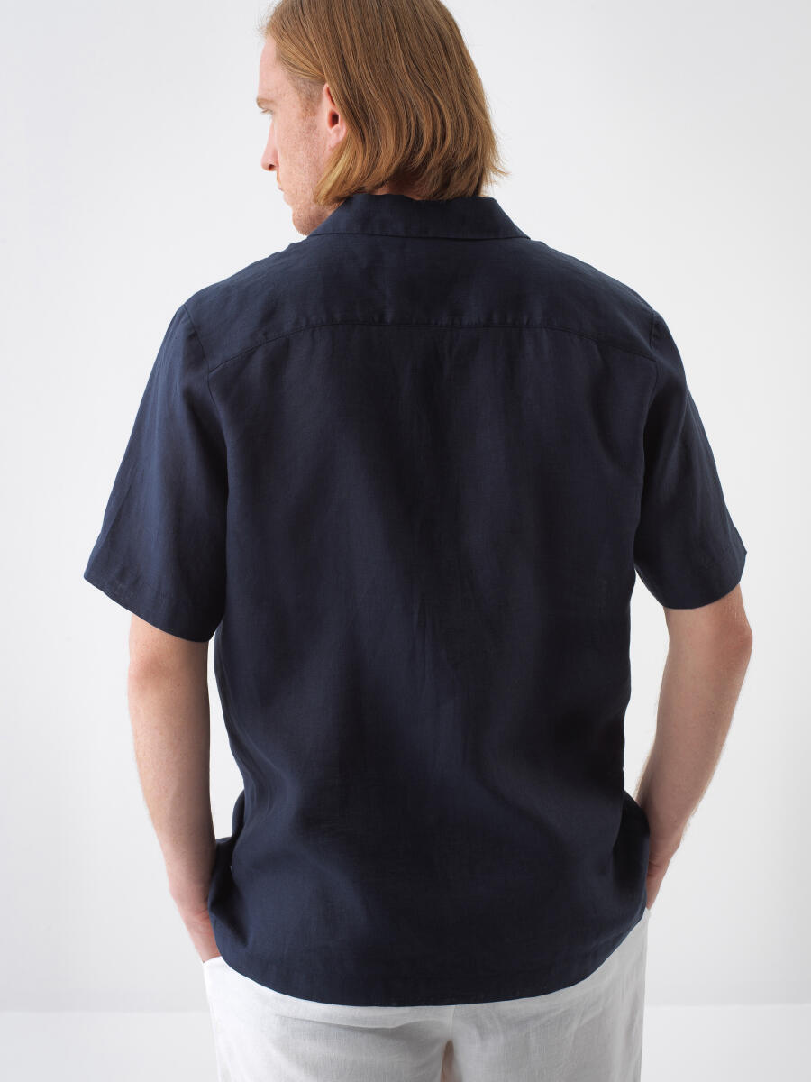 Navy Blue Regular Fit Linen Shirt - 4
