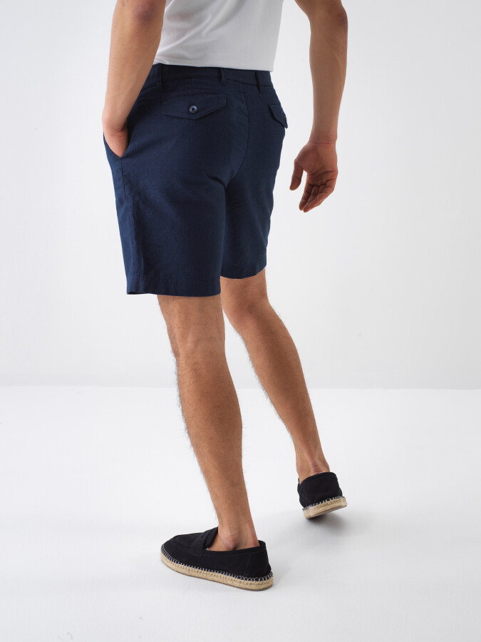 Navy Blue Regular Fit Linen Shorts - 4