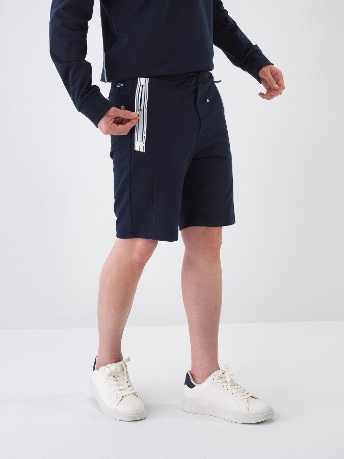 Navy Blue Slim Fit Cotton Shorts - 1