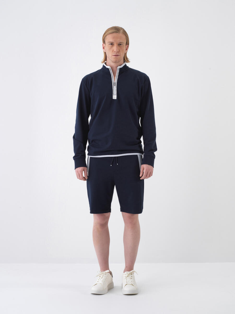 Navy Blue Slim Fit Cotton Shorts - 2