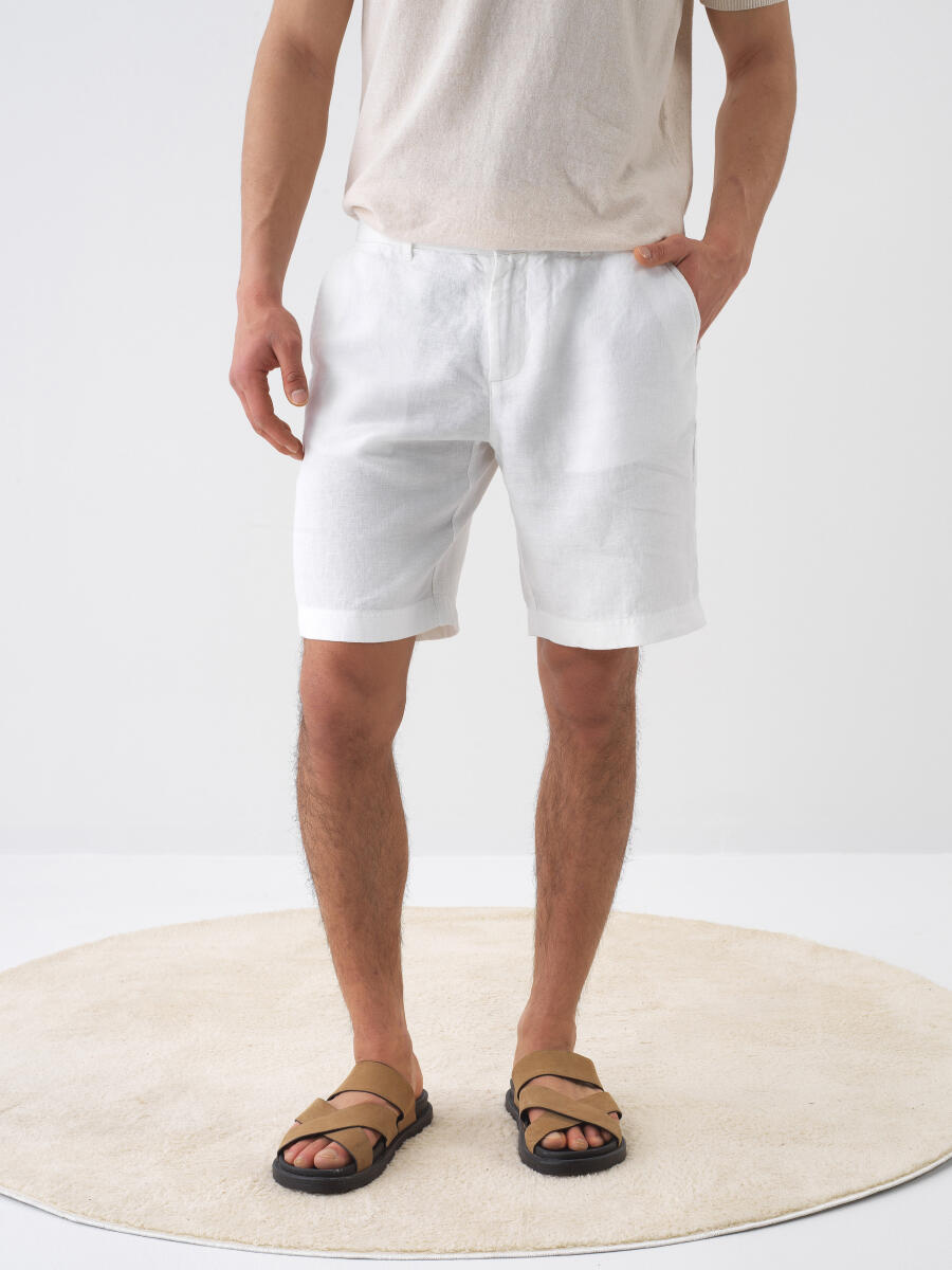 White Regular Fit Linen Shorts - 1
