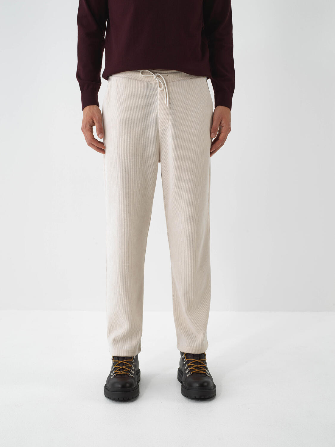 Beige Luxury Textured Soft Velvet Slim Fit Sweat Trousers