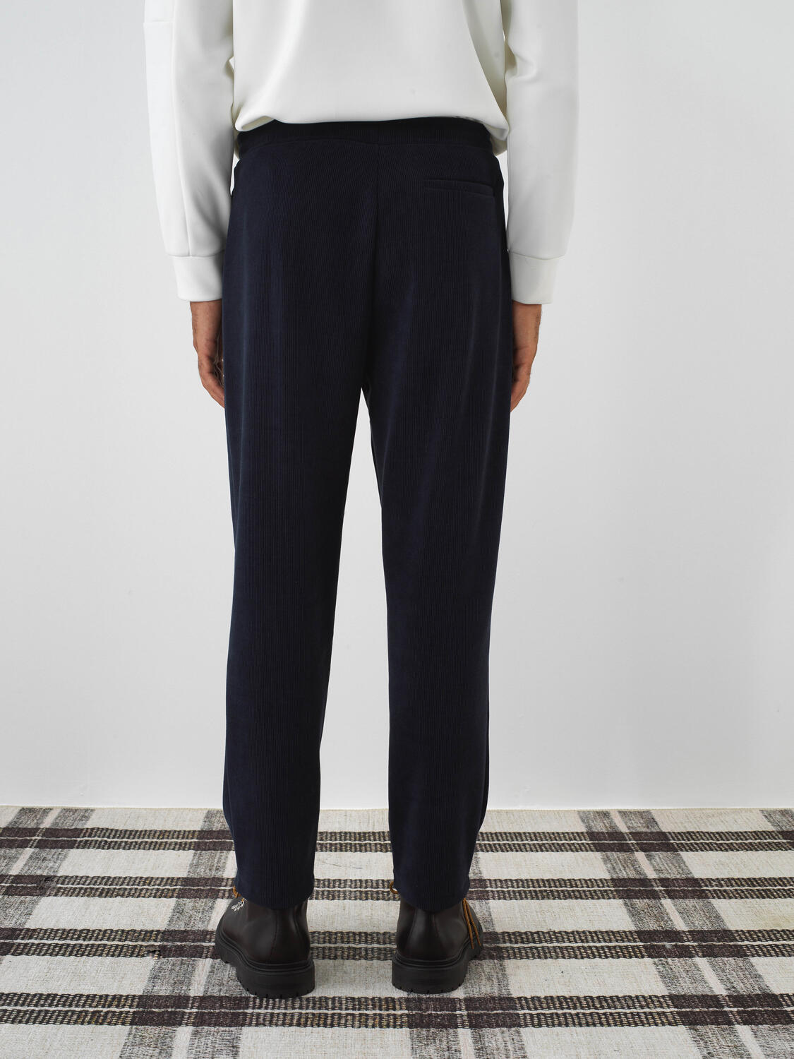 Navy Blue Luxury Textured Soft Velvet Slim Fit Sweat Trousers - 5