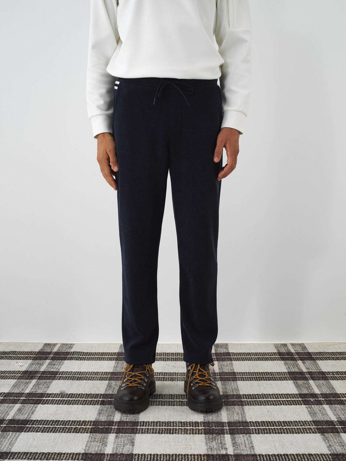 Navy Blue Luxury Textured Soft Velvet Slim Fit Sweat Trousers